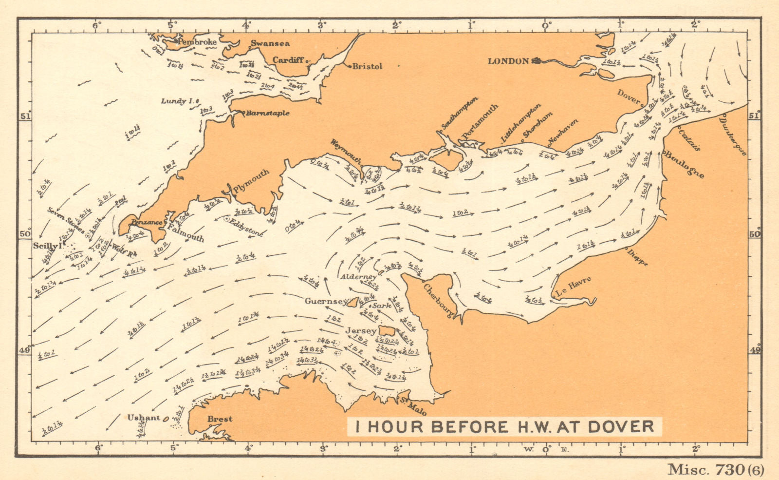 English Channel currents 1 hour before high water at Dover. ADMIRALTY 1943 map